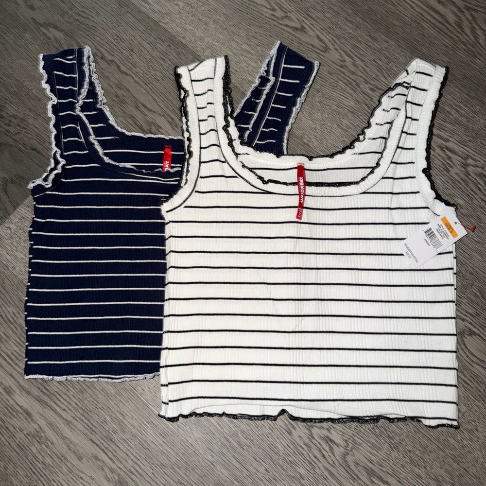 UNIONBAY Striped Ribbed Crop 2 Tank Tops - White & Navy